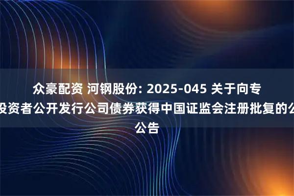 众豪配资 河钢股份: 2025-045 关于向专业投资者公开发行公司债券获得中国证监会注册批复的公告
